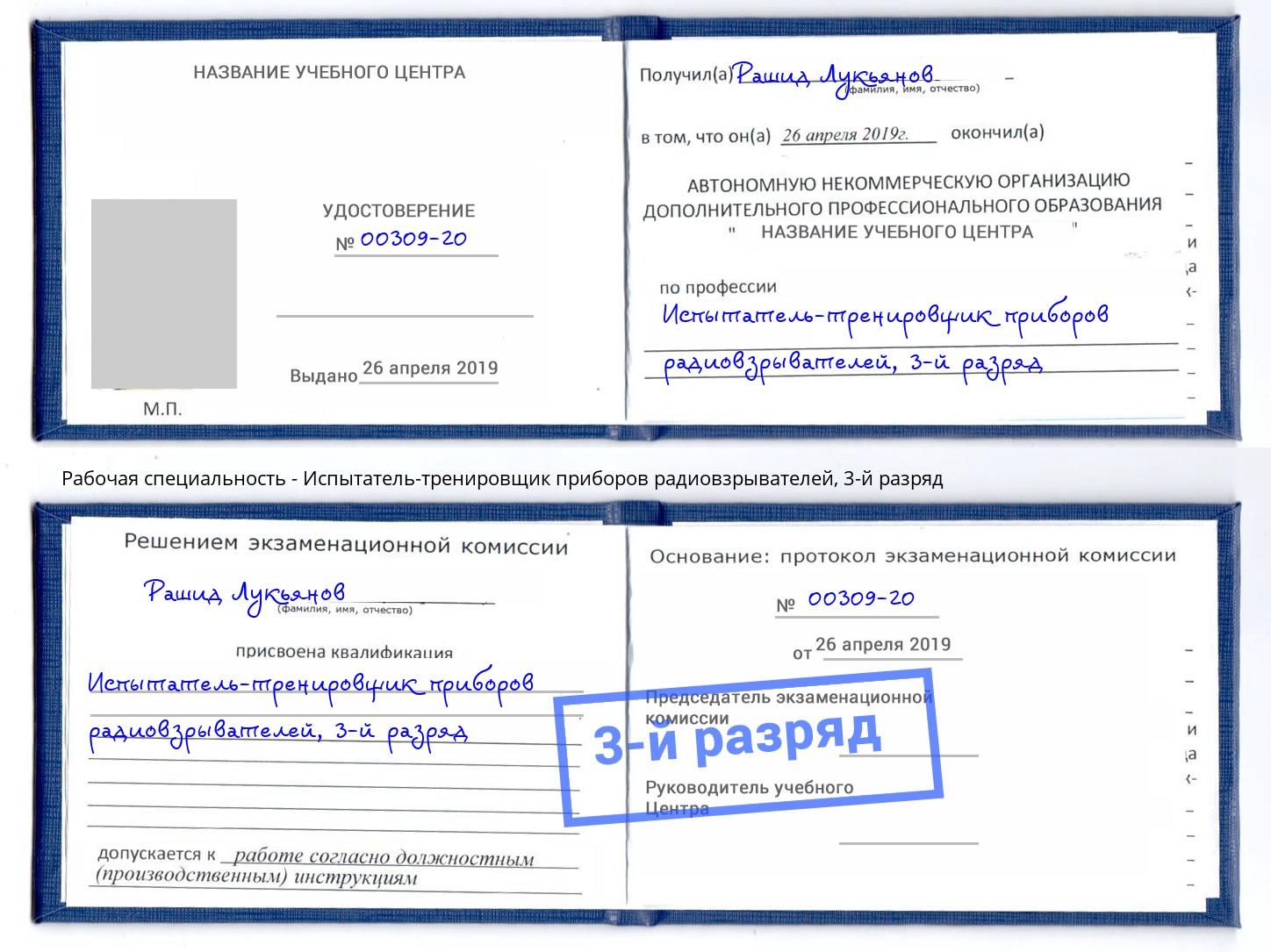 корочка 3-й разряд Испытатель-тренировщик приборов радиовзрывателей Выкса