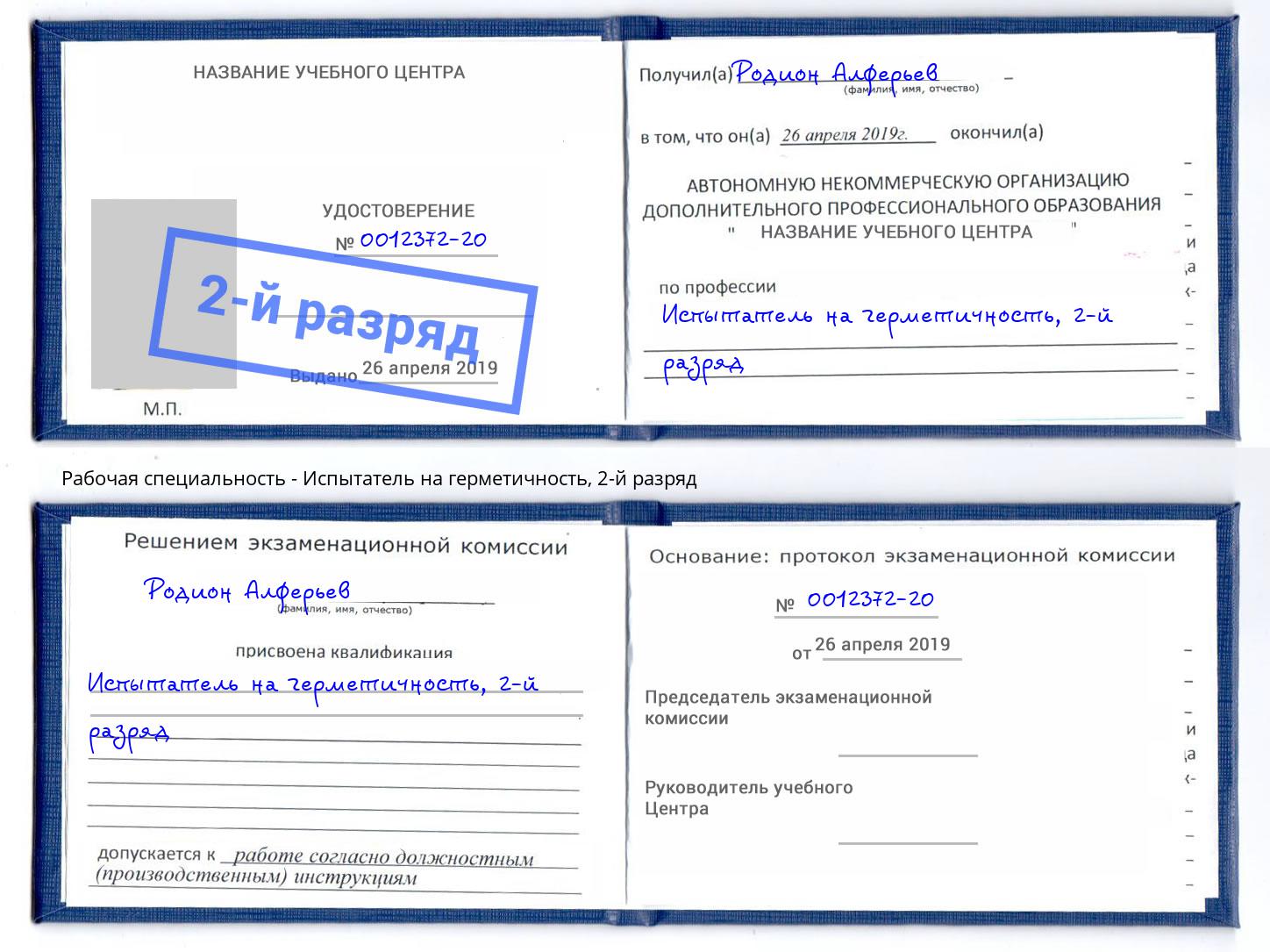корочка 2-й разряд Испытатель на герметичность Выкса