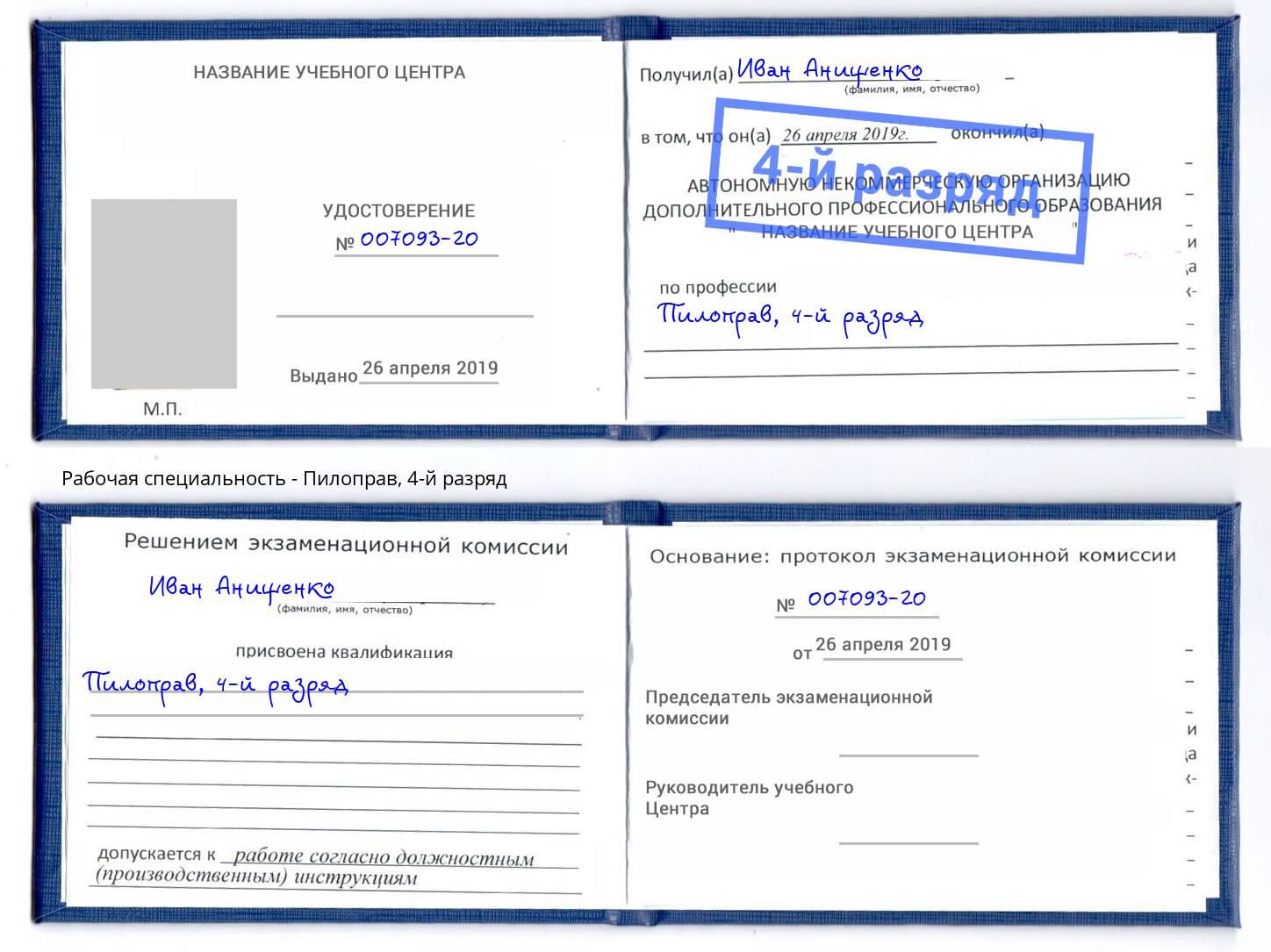 корочка 4-й разряд Пилоправ Выкса