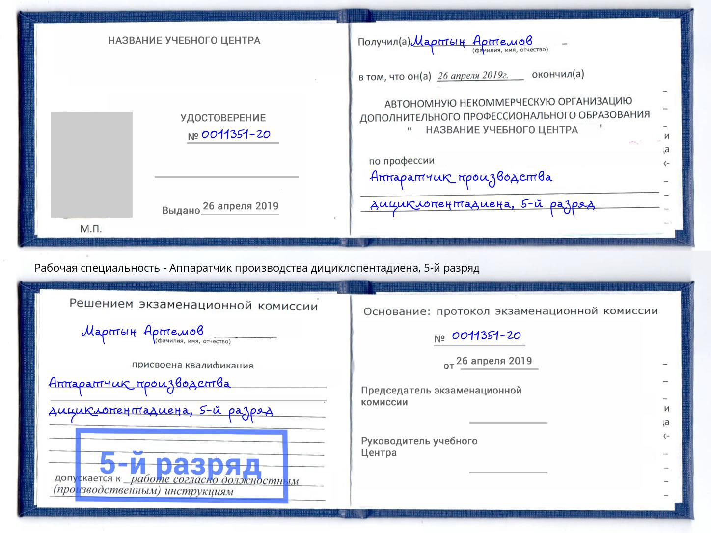 корочка 5-й разряд Аппаратчик производства дициклопентадиена Выкса