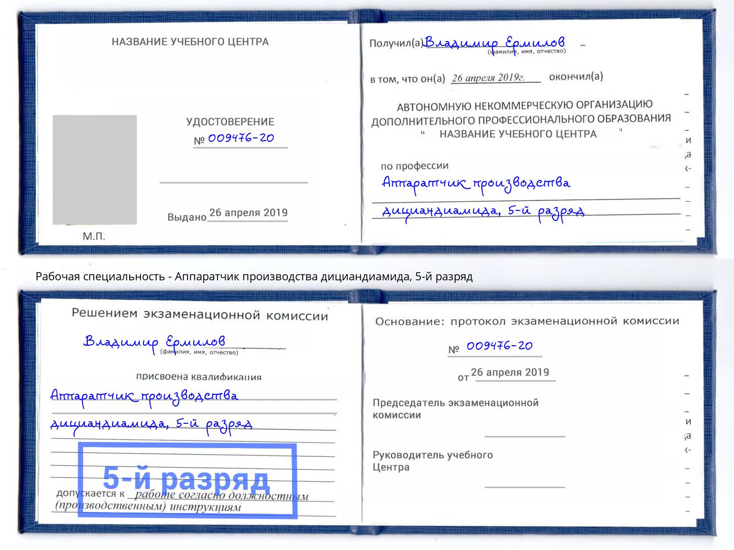 корочка 5-й разряд Аппаратчик производства дициандиамида Выкса