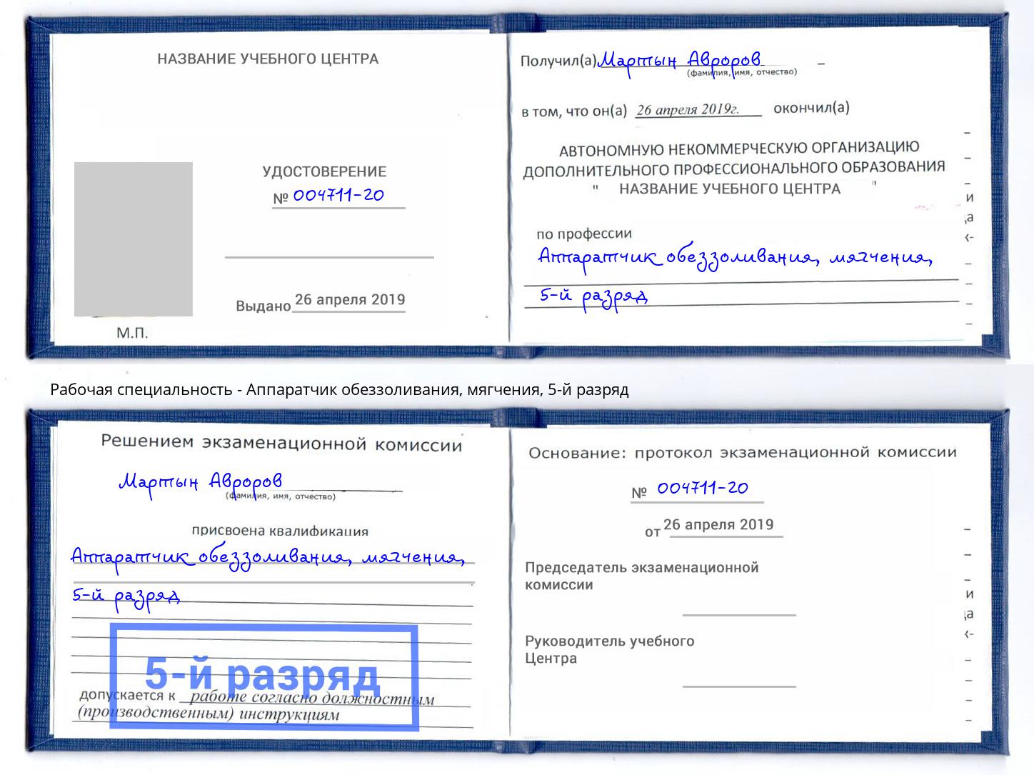 корочка 5-й разряд Аппаратчик обеззоливания, мягчения Выкса