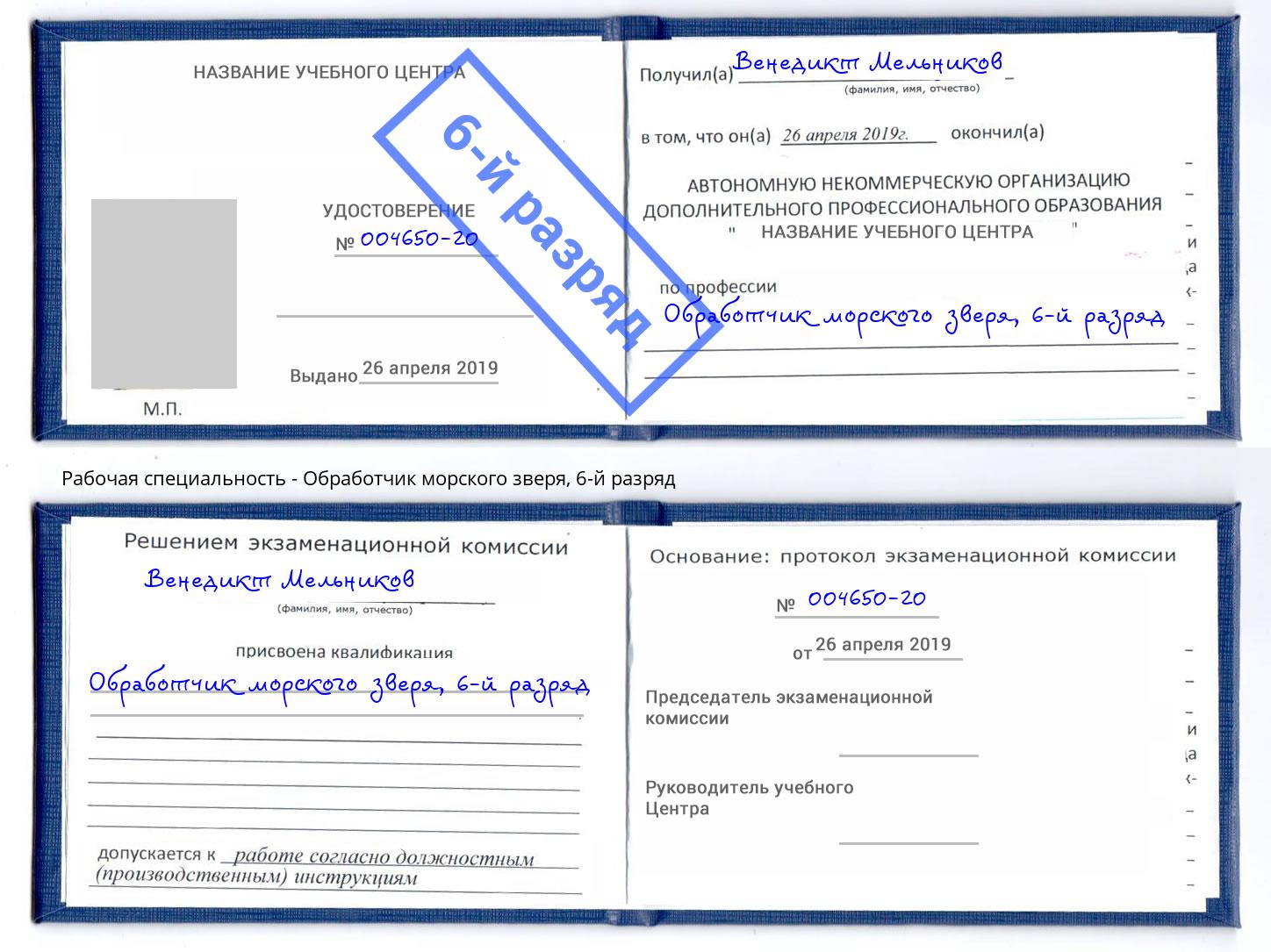 корочка 6-й разряд Обработчик морского зверя Выкса