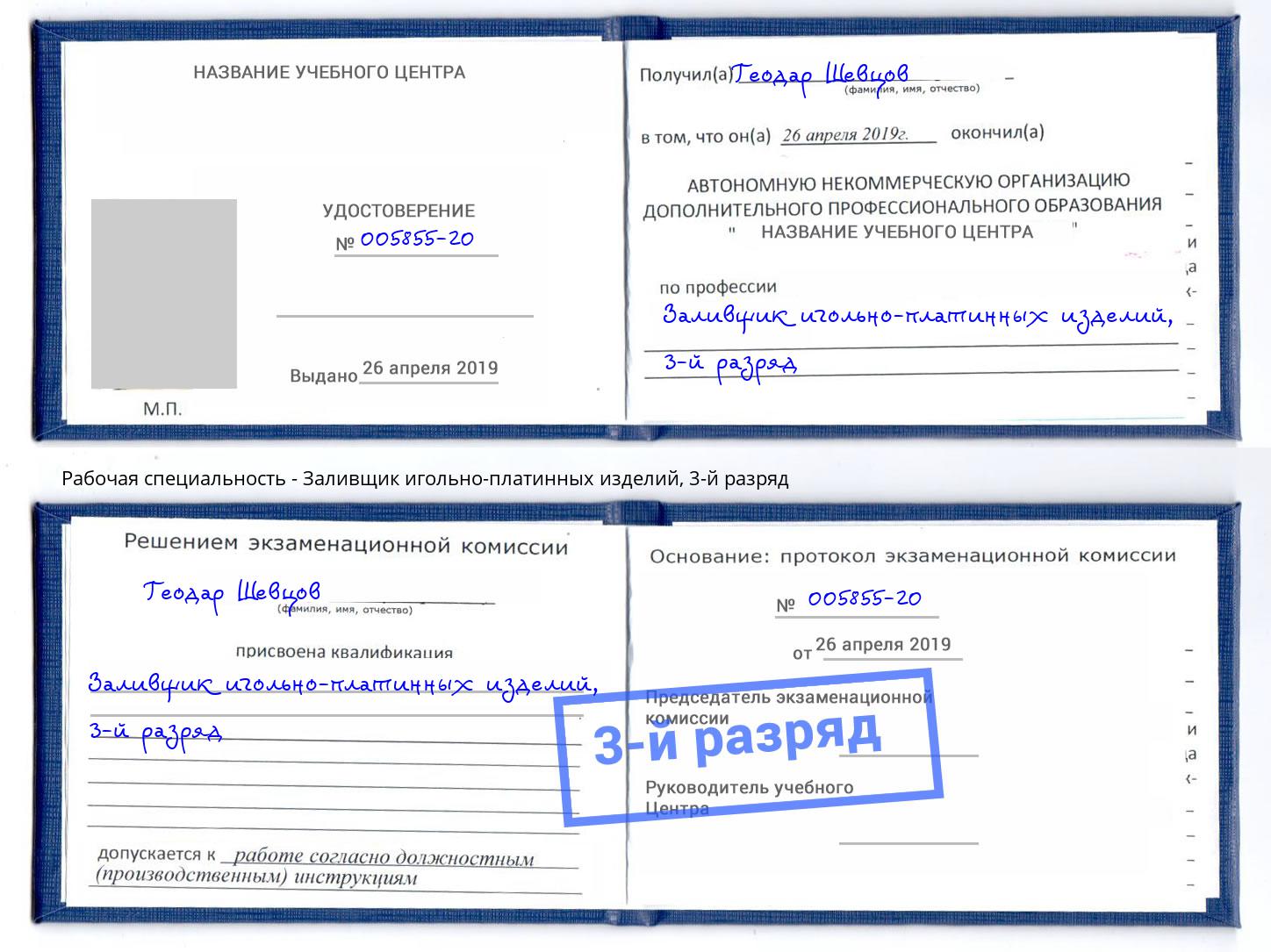 корочка 3-й разряд Заливщик игольно-платинных изделий Выкса