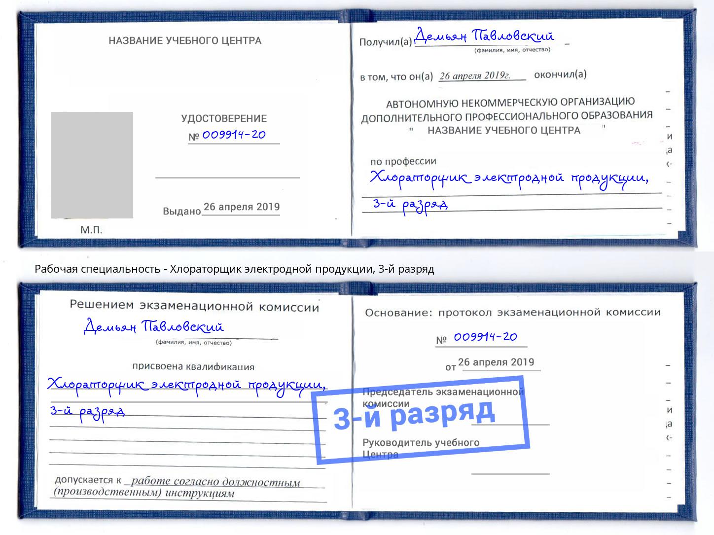 корочка 3-й разряд Хлораторщик электродной продукции Выкса