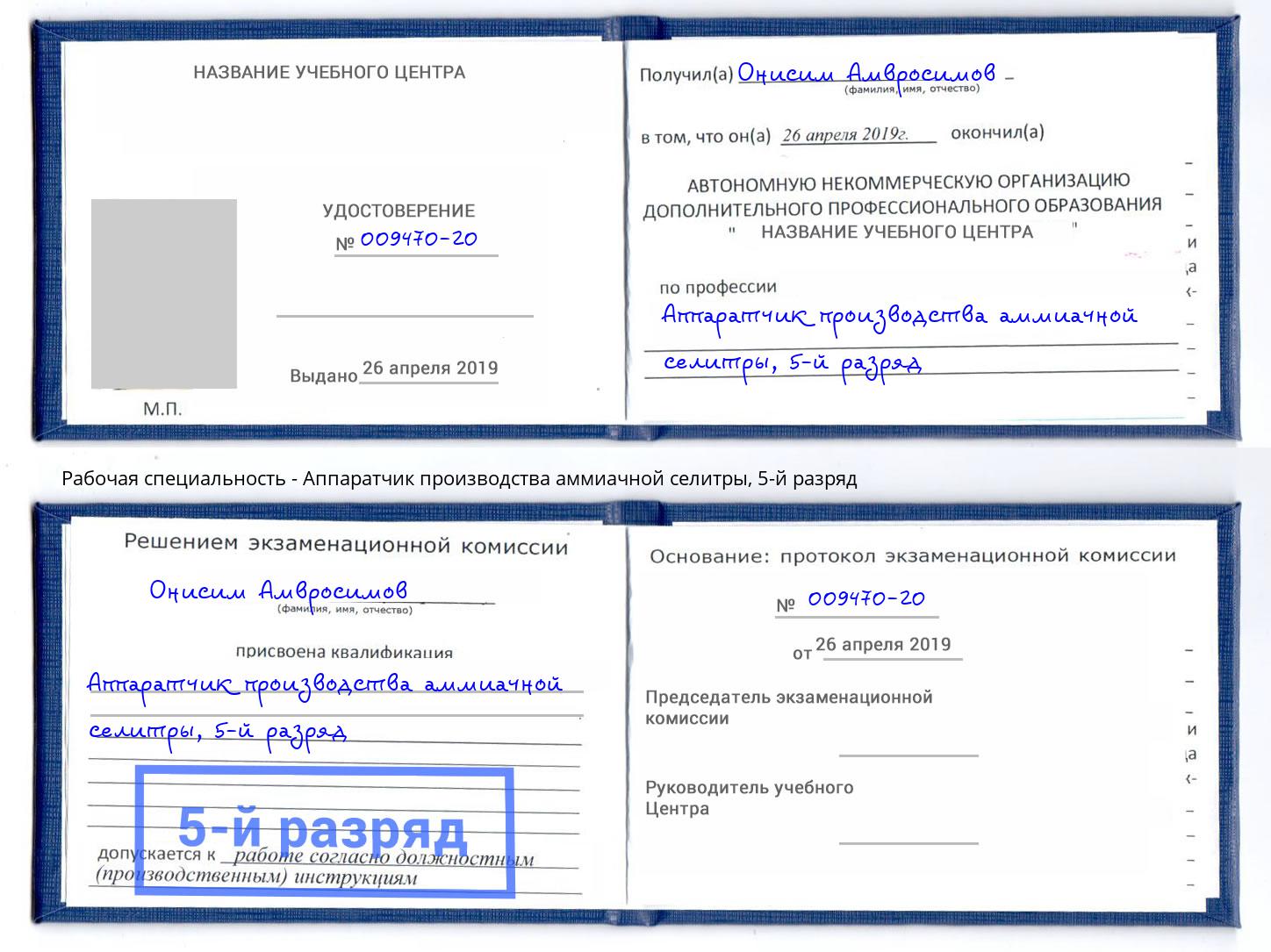 корочка 5-й разряд Аппаратчик производства аммиачной селитры Выкса