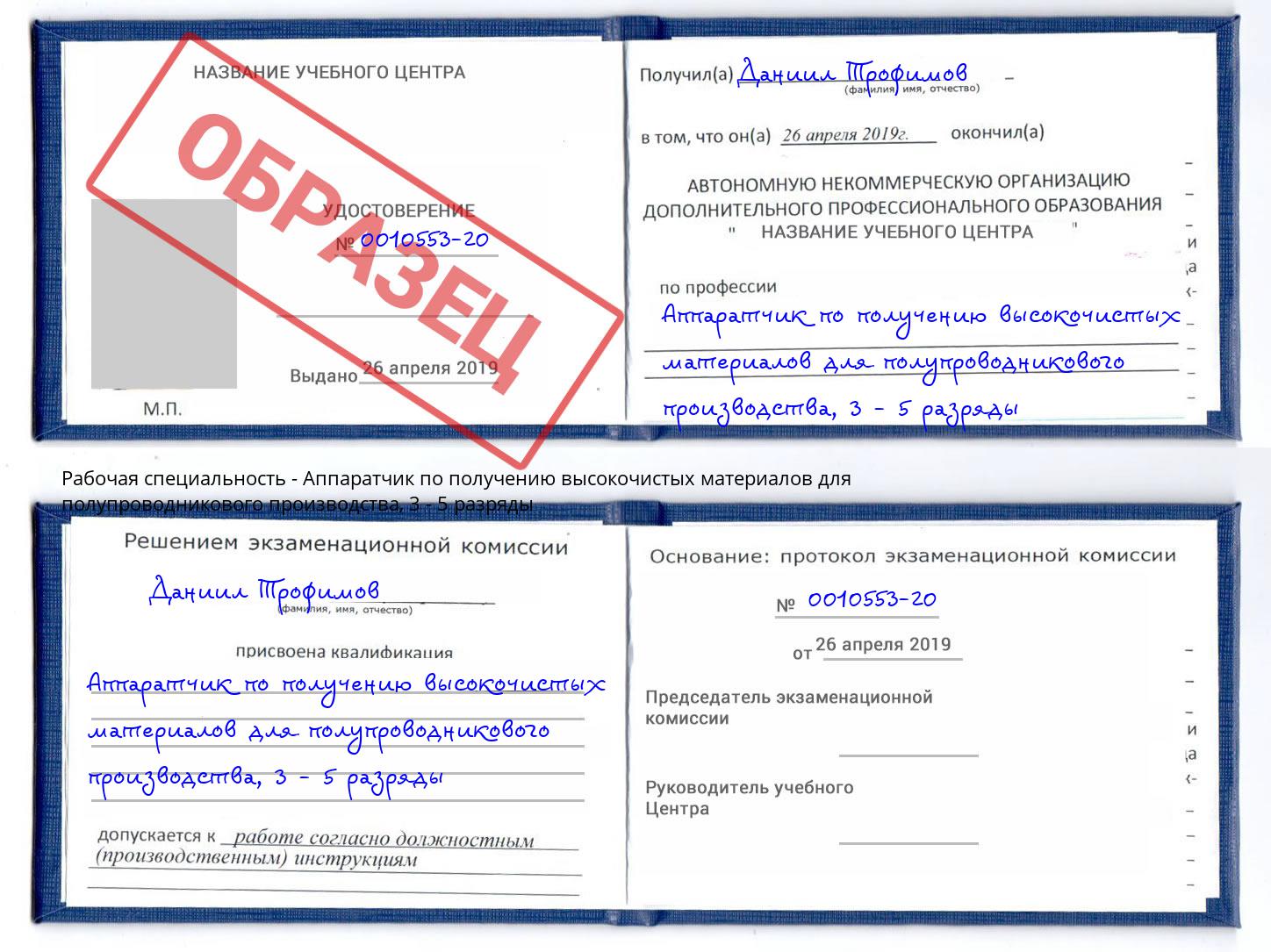корочка 3 - 5 разряды Аппаратчик по получению высокочистых материалов для полупроводникового производства Выкса