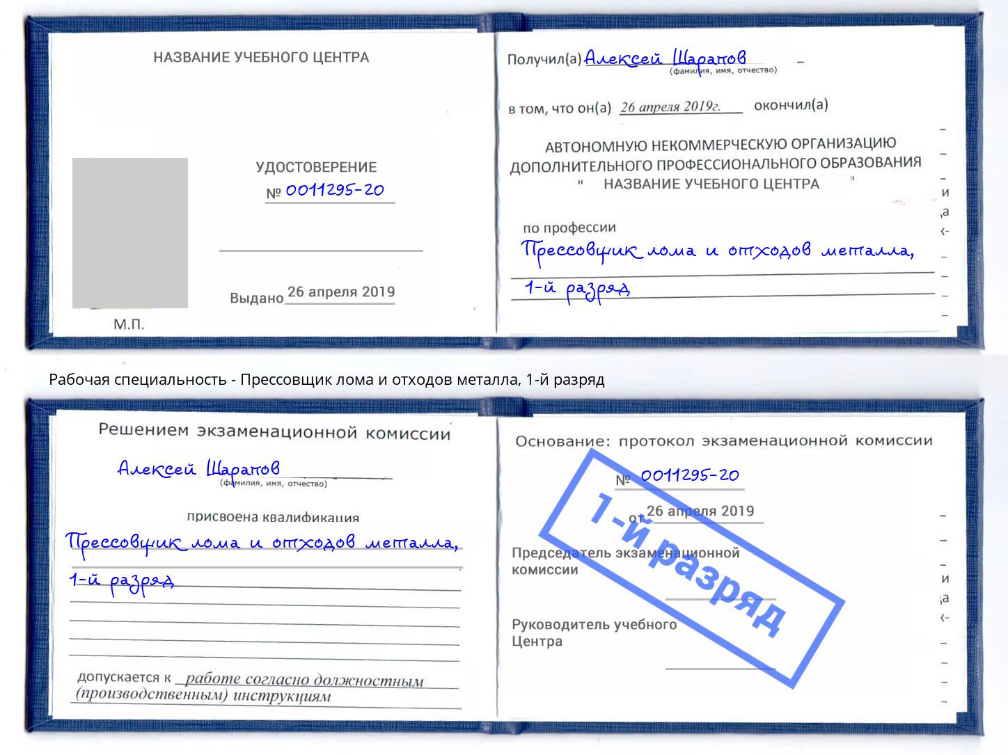 корочка 1-й разряд Прессовщик лома и отходов металла Выкса