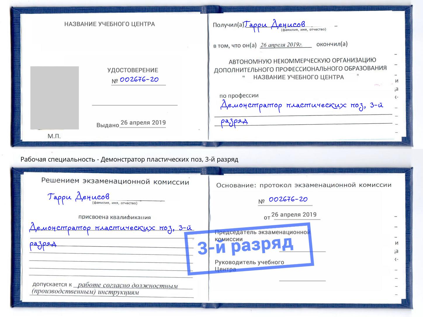 корочка 3-й разряд Демонстратор пластических поз Выкса