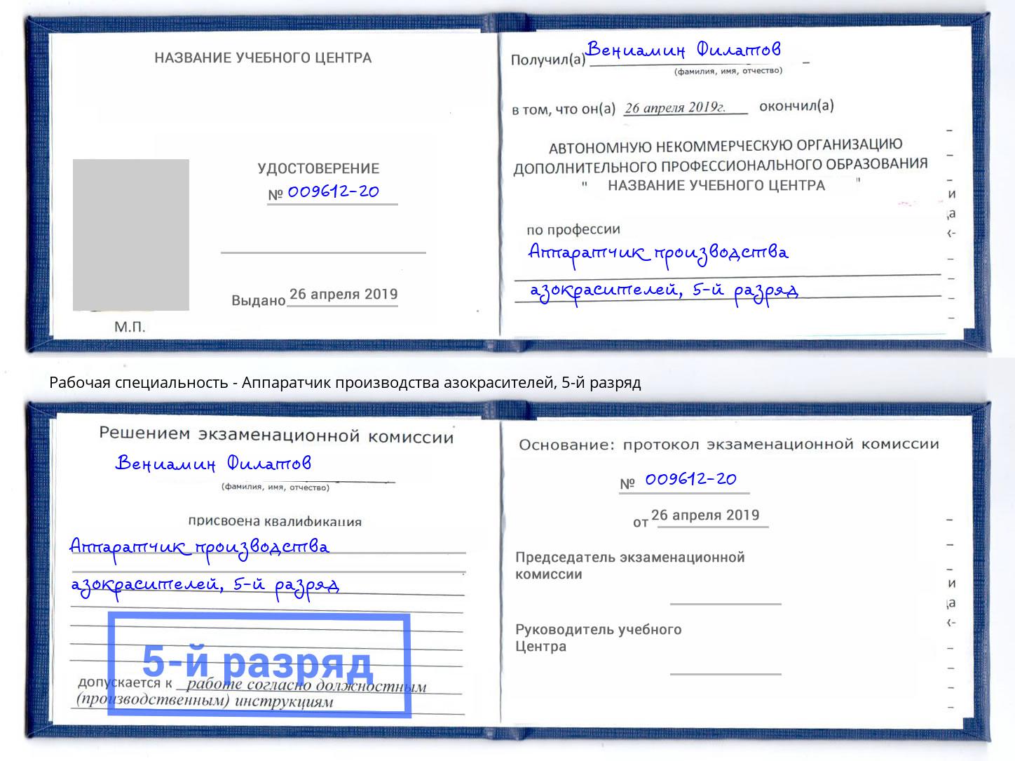 корочка 5-й разряд Аппаратчик производства азокрасителей Выкса