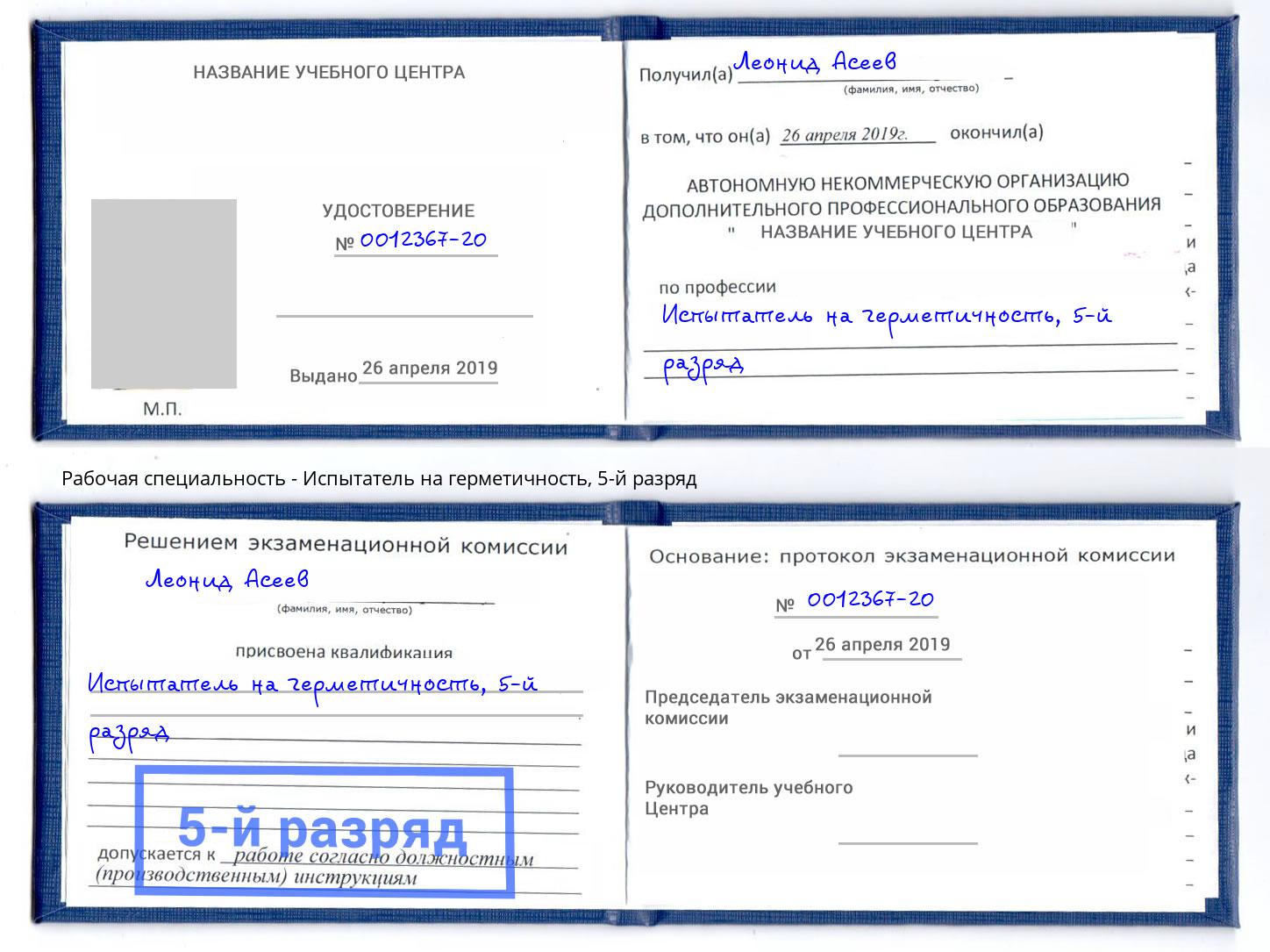 корочка 5-й разряд Испытатель на герметичность Выкса