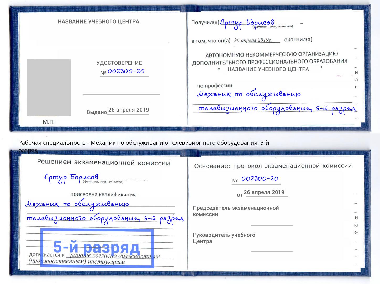 корочка 5-й разряд Механик по обслуживанию телевизионного оборудования Выкса