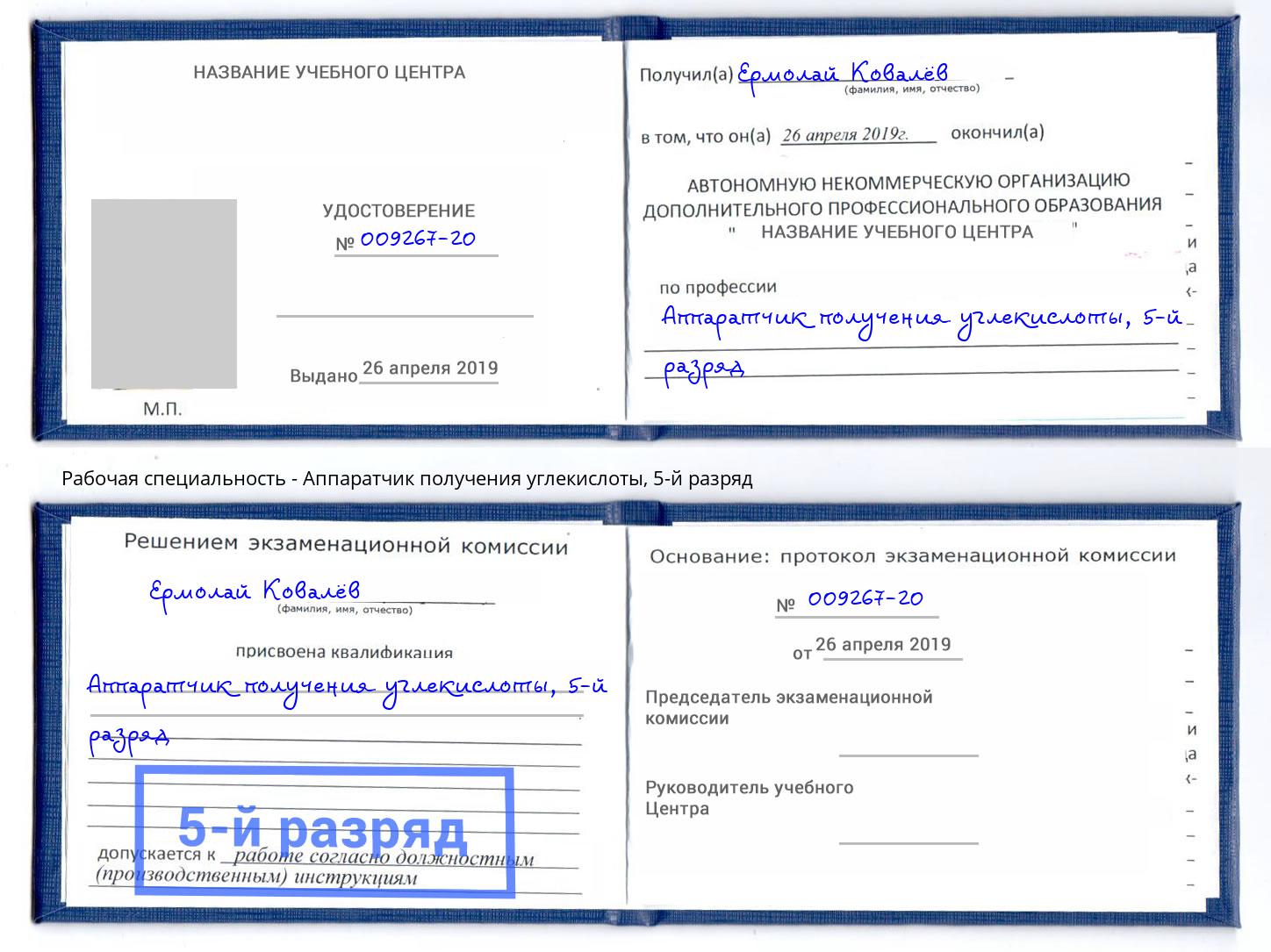 корочка 5-й разряд Аппаратчик получения углекислоты Выкса