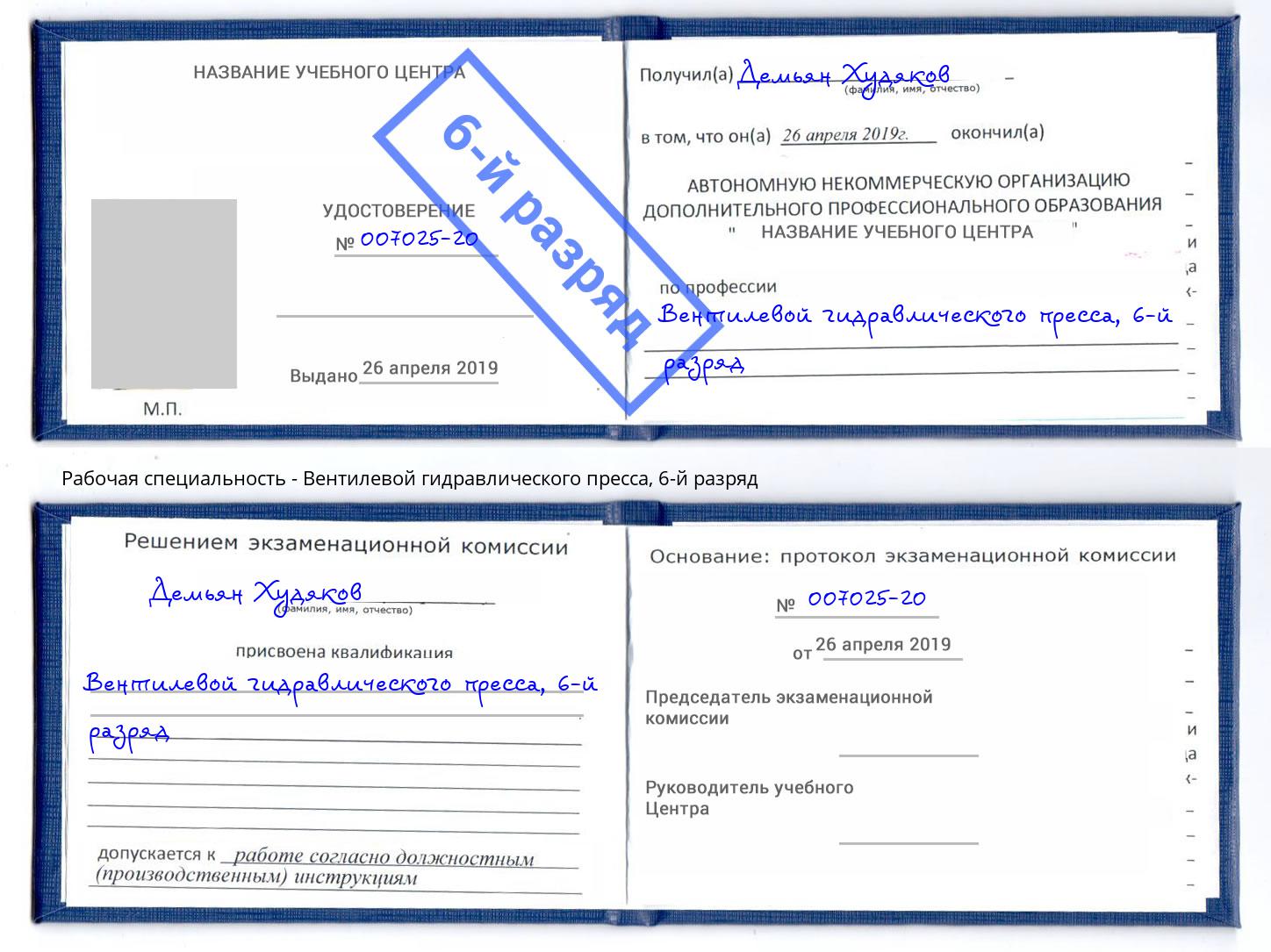 корочка 6-й разряд Вентилевой гидравлического пресса Выкса