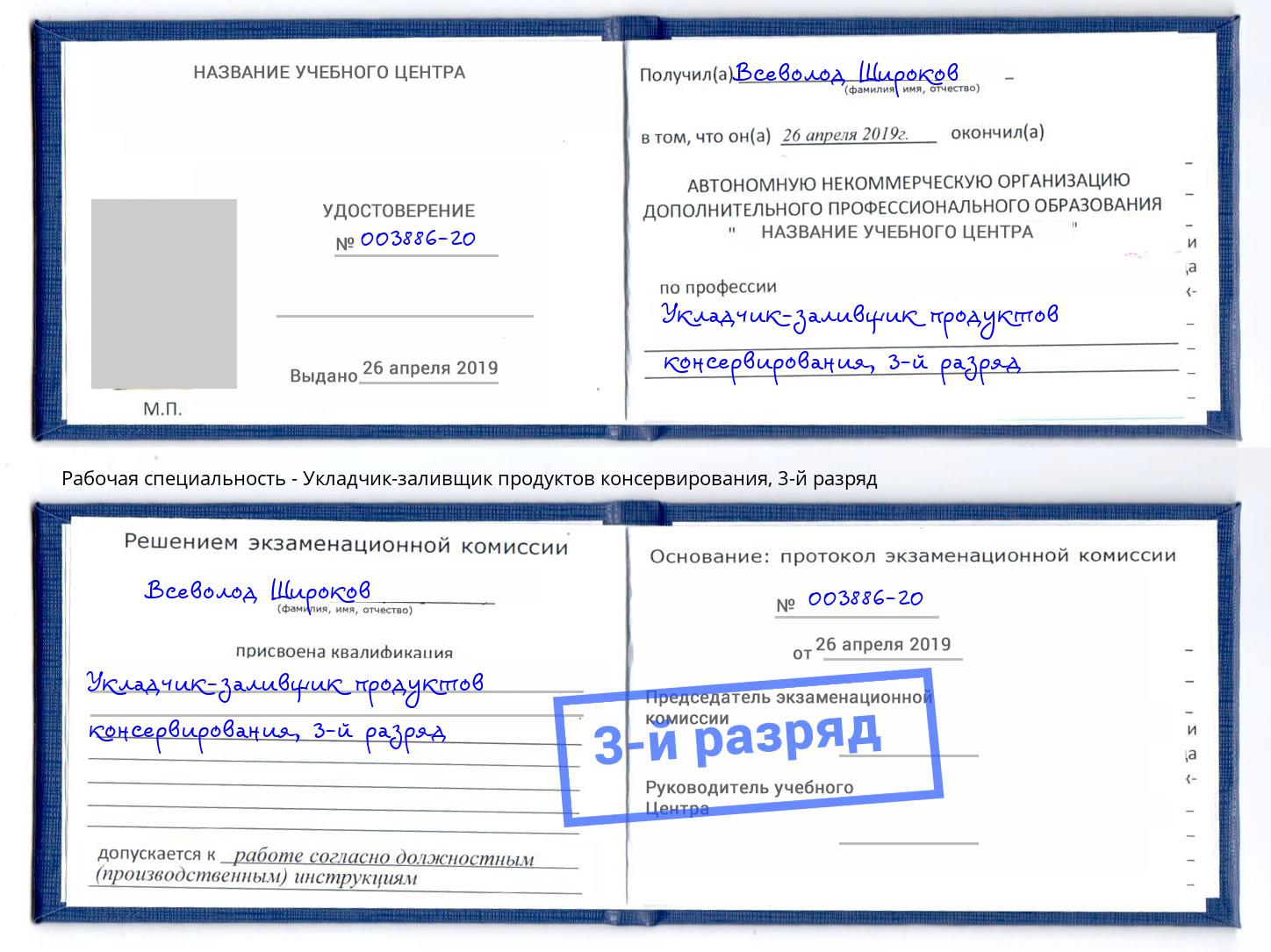 корочка 3-й разряд Укладчик-заливщик продуктов консервирования Выкса