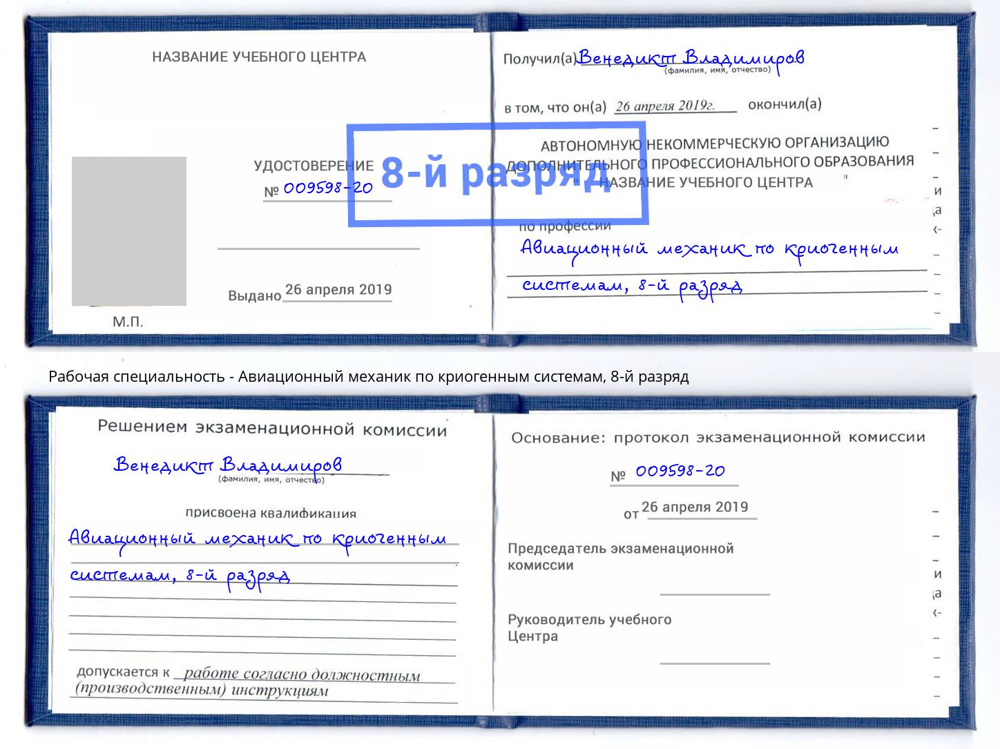 корочка 8-й разряд Авиационный механик по криогенным системам Выкса