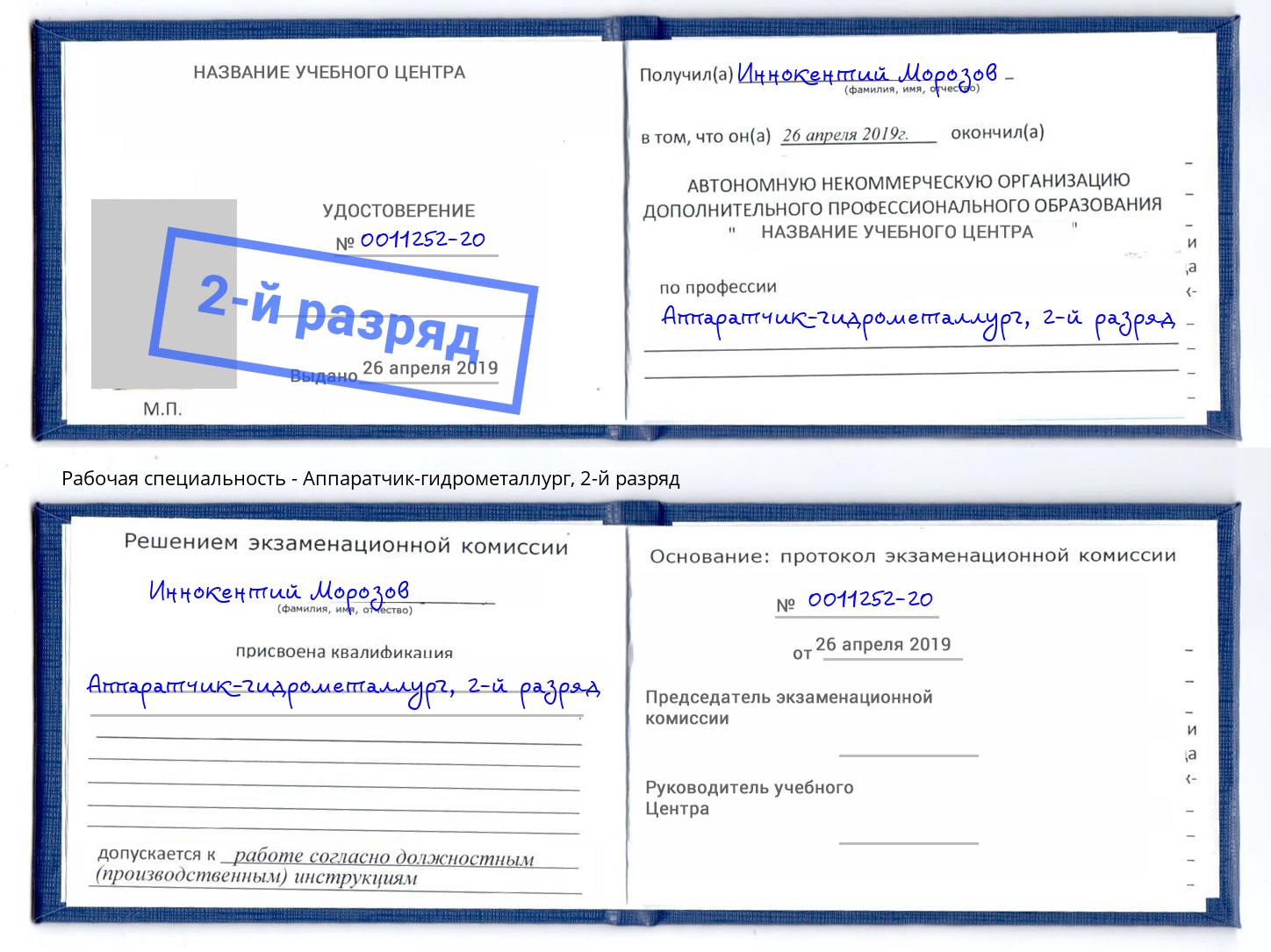 корочка 2-й разряд Аппаратчик-гидрометаллург Выкса